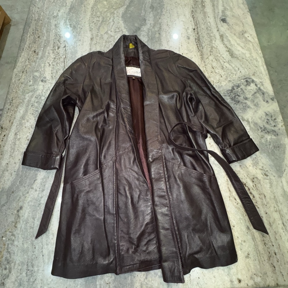 Excelled Women's Sz Medium Brown Leather Trench Coat Belted Shawl Collar Chic
